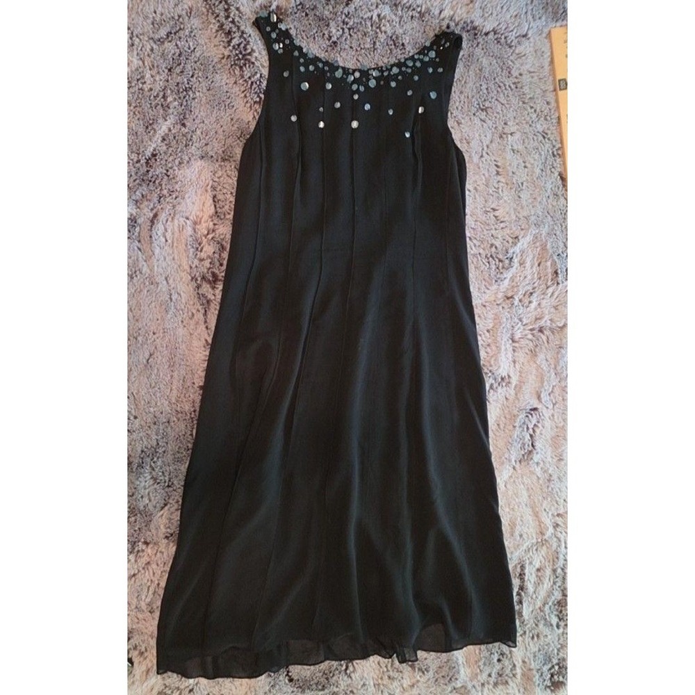 Adrianna Papell Dress Womens 12 Black Sequin Scoop Neck Silk Chiffon A Line Midi